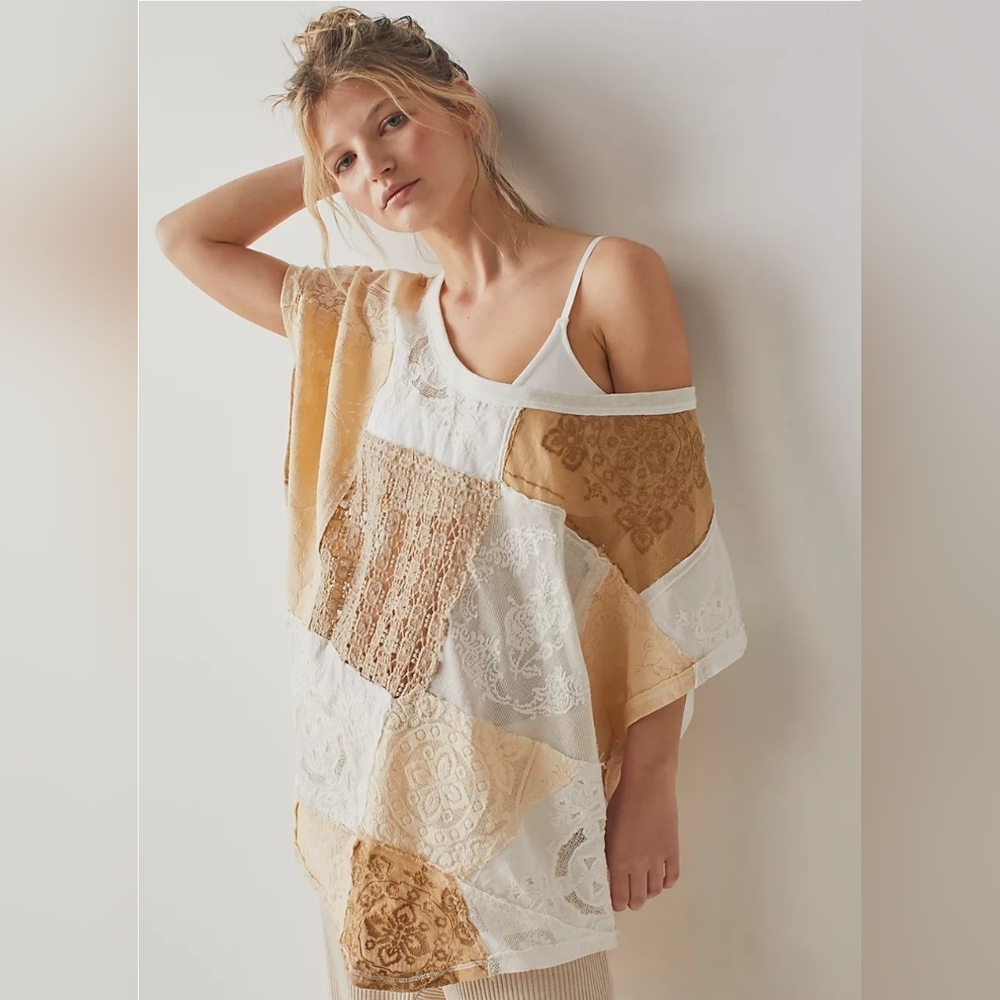 Free People Patchwork Lace sheer cover up layer. in White and Tan Oversized